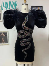 Lunivop Women Summer Runway Sexy Puff Sleeve Snake Crystal Diamonds Velvet Black Mini Dress High